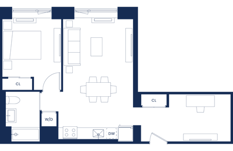 Floor plan for 1 bed, 1 bath, 751 sqft